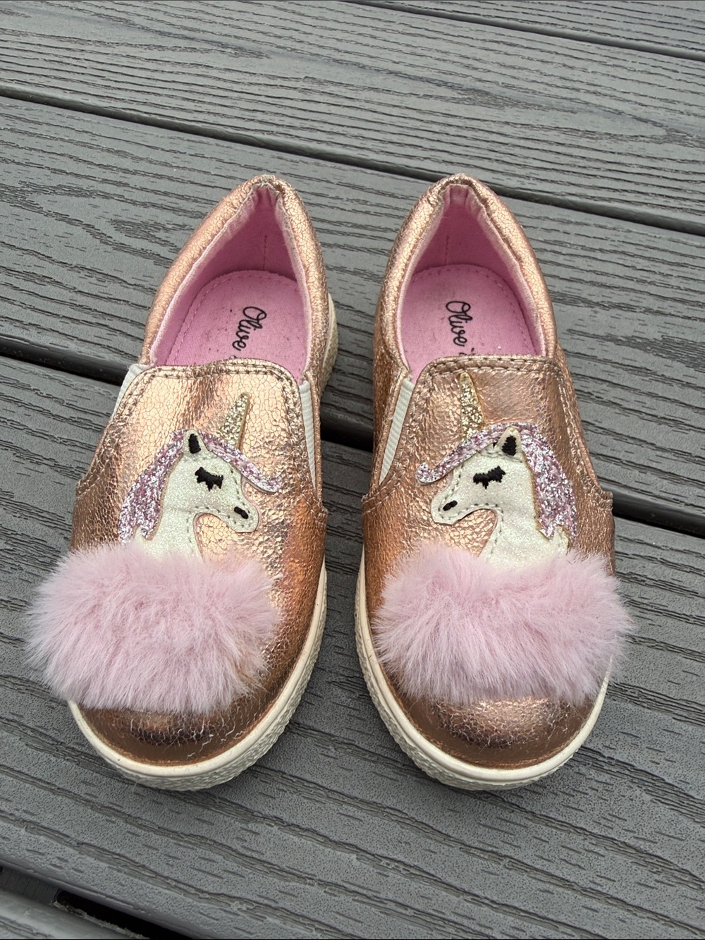 Girls Rose Gold Unicorn Slip-On Sneakers with Pink Pom